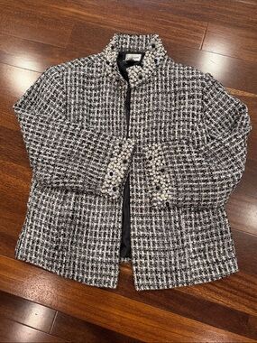 Chico's Black/White Jacket w/Cropped Sleeves, Beaded Collar and Cuffs Size 1 (M)